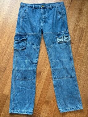 MNML Mens Baggy Multi-Pocket Cargo Denim Blue Jeans Size 36 (38) Grunge Skater
